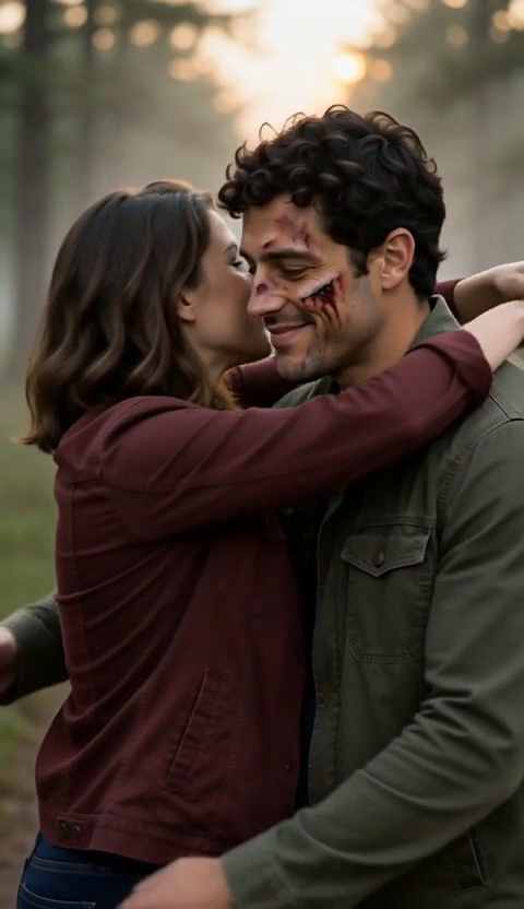 Frame at 2.5 seconds: the woman moves her arms around the man as the hug begins, while his facial scratches look pronounced