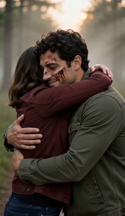 Frame at 4.0 seconds: the embrace is complete and most of the woman's face is hidden against the man